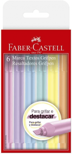 Caneta Marca Texto, Faber-Castell, Grifpen, 6 Cores, Tons Pastel - Ekonomia